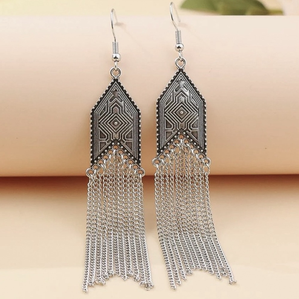 Antiqued Silver Boho Tassel Earrings - Picture 2 of 4